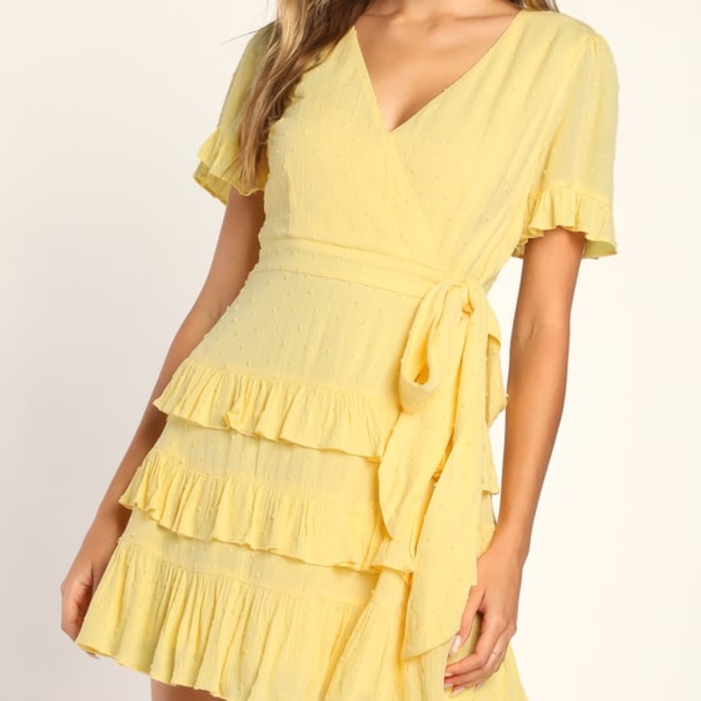 Lulus Call Me Cute Yellow Swiss Dot Tiered Faux Wrap Mini Dress - Size S